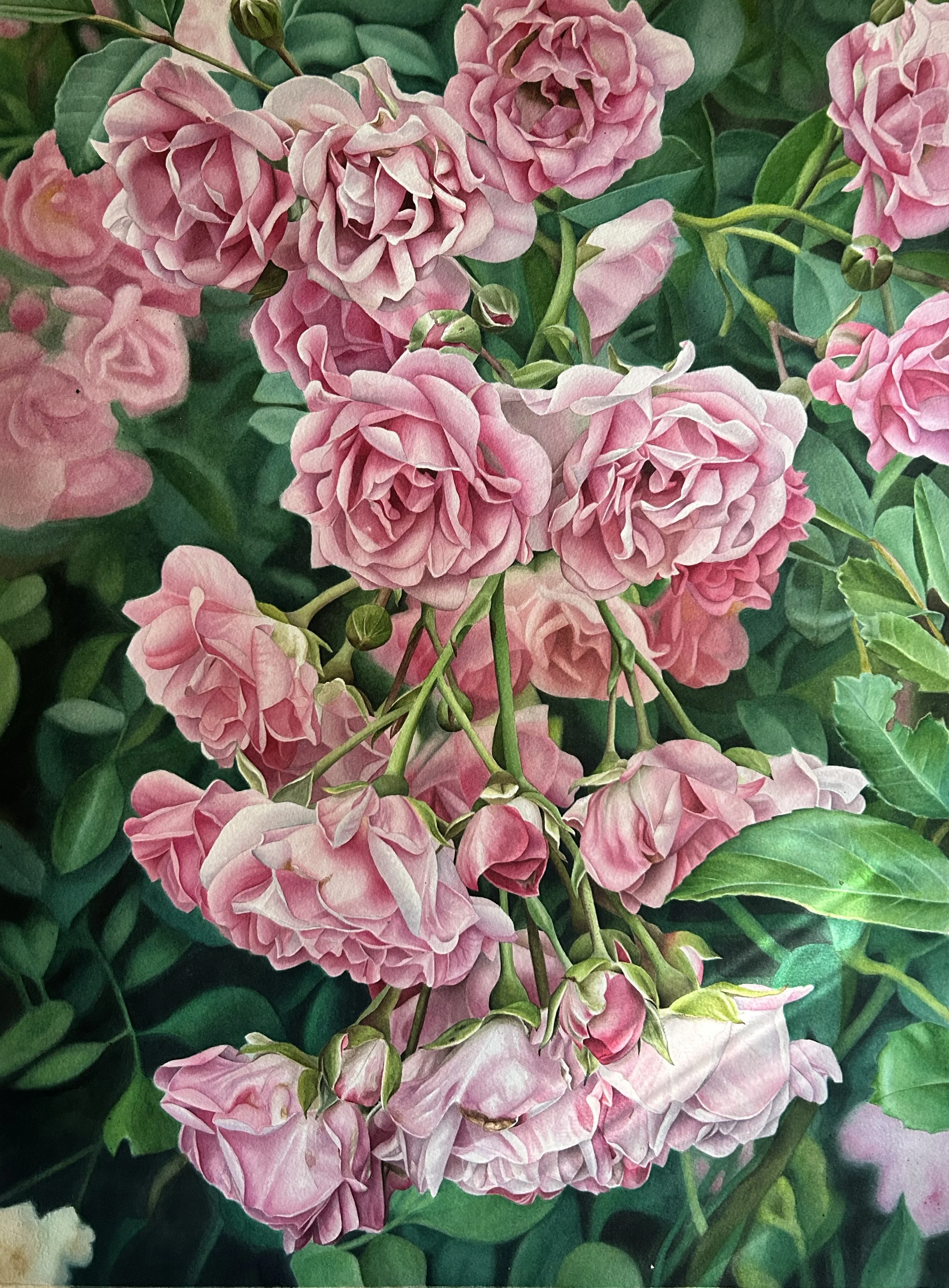 Contemporary Floral Watercolor — 9×12″ Gold-Leaf Rose Painting on